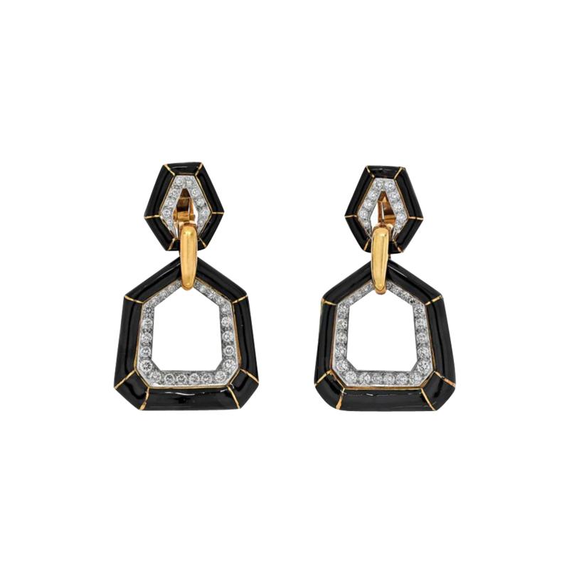 David Webb DAVID WEBB BLACK ENAMEL AND DIAMOND BAMBOO DOOR KNOCKER EARRINGS