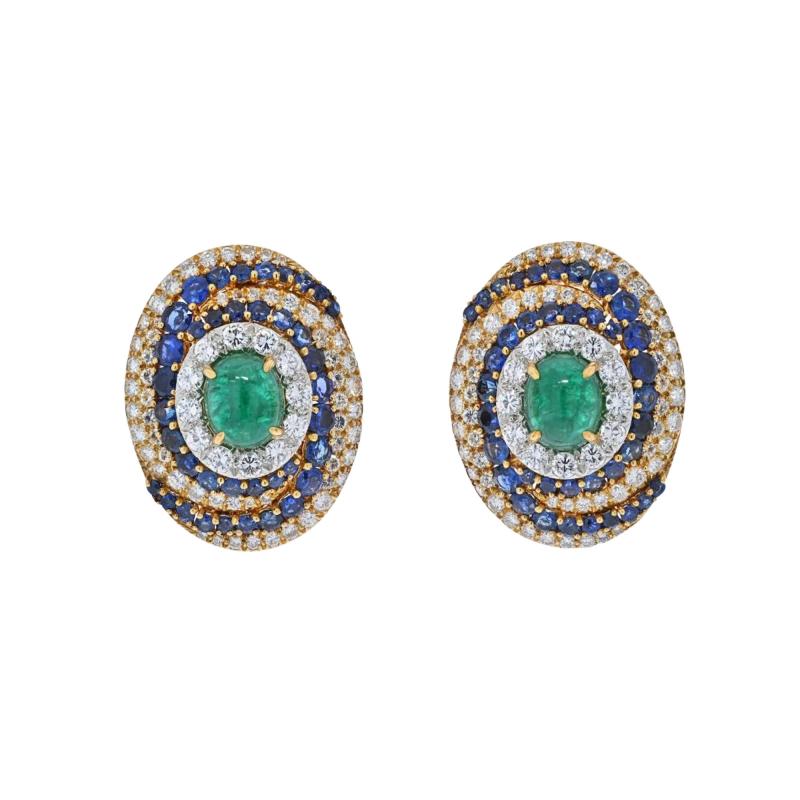 David Webb DAVID WEBB BOMBE STYLE HIGHLY DECORATED DIAMOND SAPPHIRE AND EMERALD EARRINGS