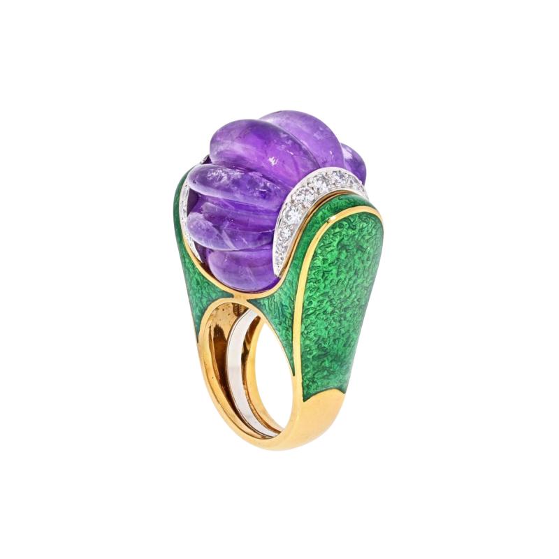 David Webb DAVID WEBB CARVED SMOOTH PURPLE AMETHYST GREEN ENAMEL AND DIAMOND RING