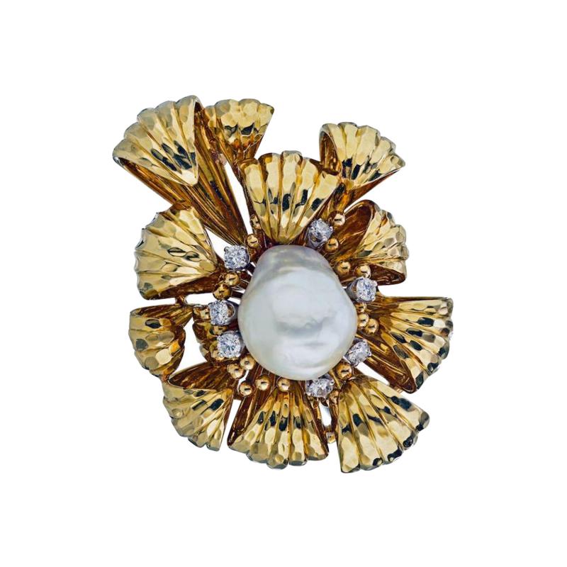 David Webb DAVID WEBB CIRCA 1970S PLATINUM 18K YELLOW GOLD DIAMOND AND PEARL BROOCH