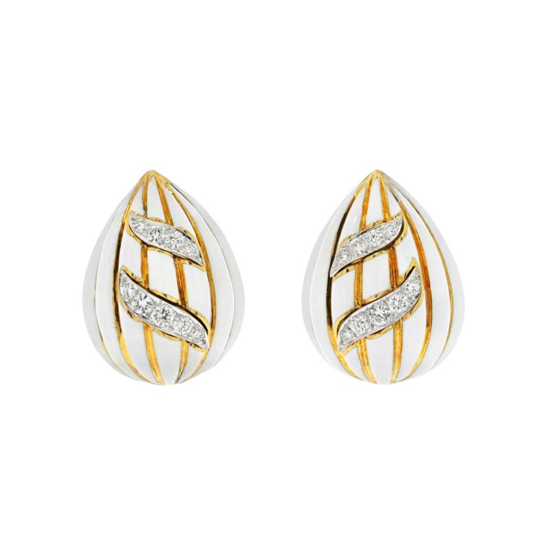 David Webb DAVID WEBB FLUTED ALMONDS WHITE ENAMEL AND DIAMOND EARRINGS