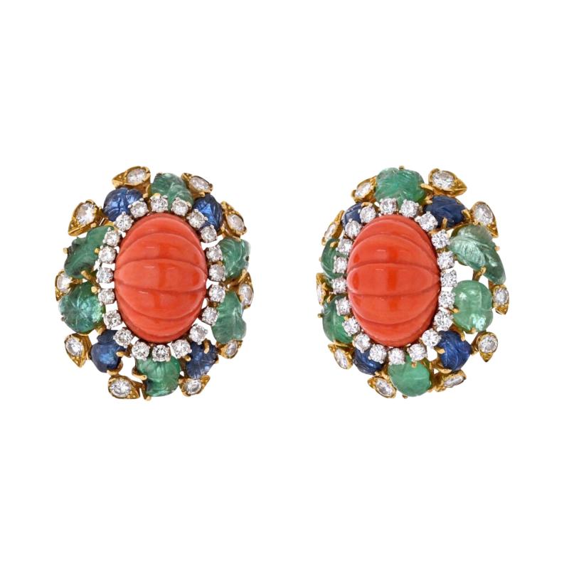 David Webb DAVID WEBB FLUTED CORAL CARVED EMERALD SAPPHIRE AND DIAMOND EARRINGS