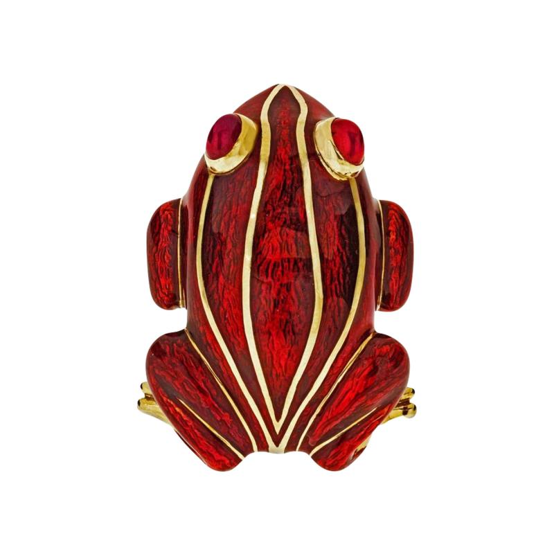 David Webb DAVID WEBB FROG 18K YELLOW GOLD IN RED ENAMEL BROOCH