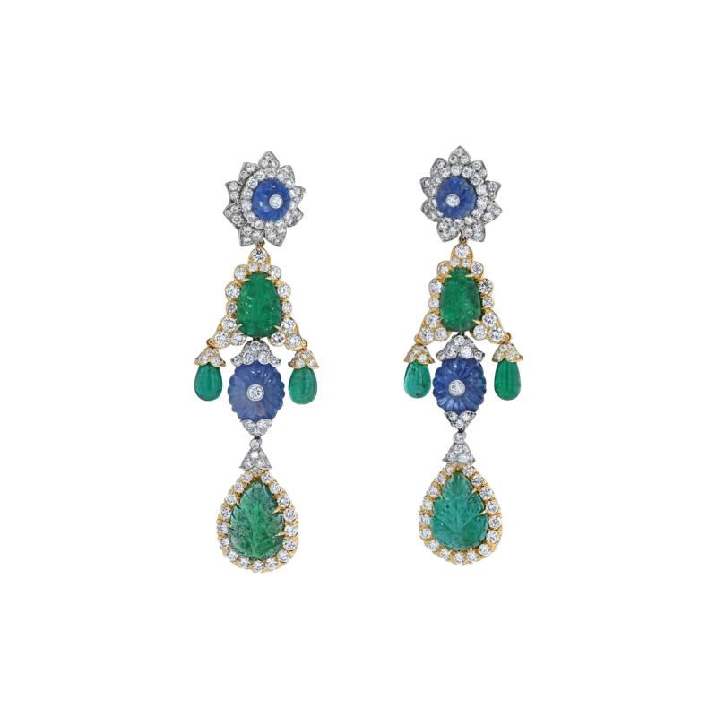 David Webb DAVID WEBB GIRANDOLE CARVED EMERALD AND DIAMOND DANGLE EARRINGS