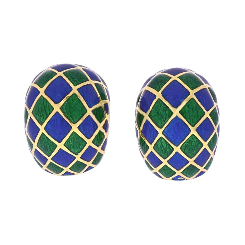 David Webb DAVID WEBB GREEN AND BLUE CHECKERBOARD ENAMEL CLIP ON EARRINGS