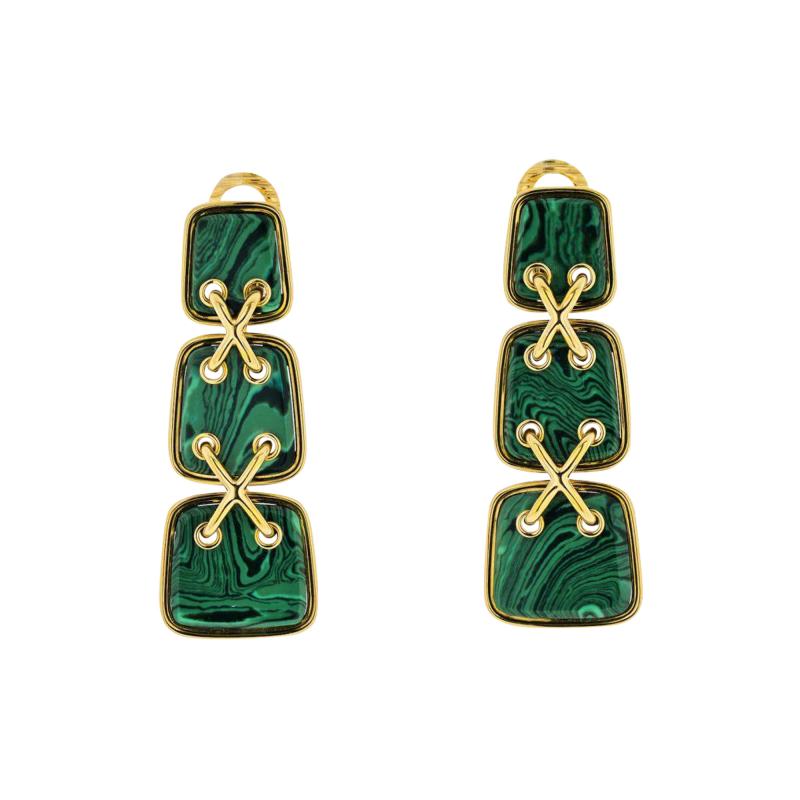 David Webb DAVID WEBB GREEN MALACHITE CROSS STITCH DROP EARRINGS