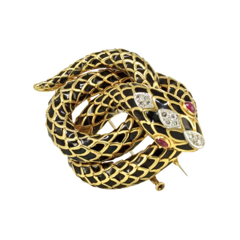 David Webb DAVID WEBB KINGDOM PLATINUM 18K YELLOW GOLD BLACK ENAMEL SNAKE BROOCH