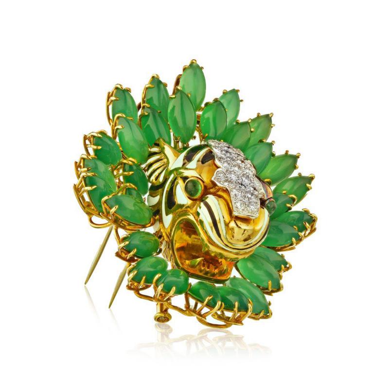 David Webb DAVID WEBB KINGDOM PLATINUM 18K YELLOW GOLD DIAMOND TIGER CHRYSOPRASE BROOCH