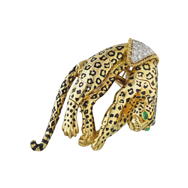 David Webb DAVID WEBB LEOPARD 18K YELLOW GOLD DIAMOND EMERALD PENDANT AND BROOCH