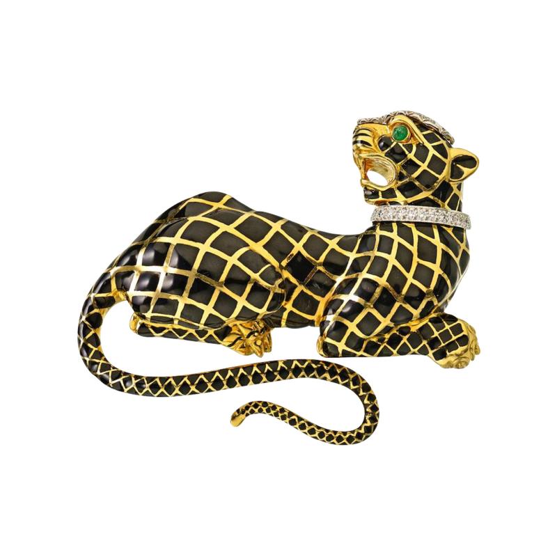 David Webb DAVID WEBB PANTHERE PLATINUM 18K YELLOW GOLD BLACK ENAMEL DIAMOND LARGE BROOCH