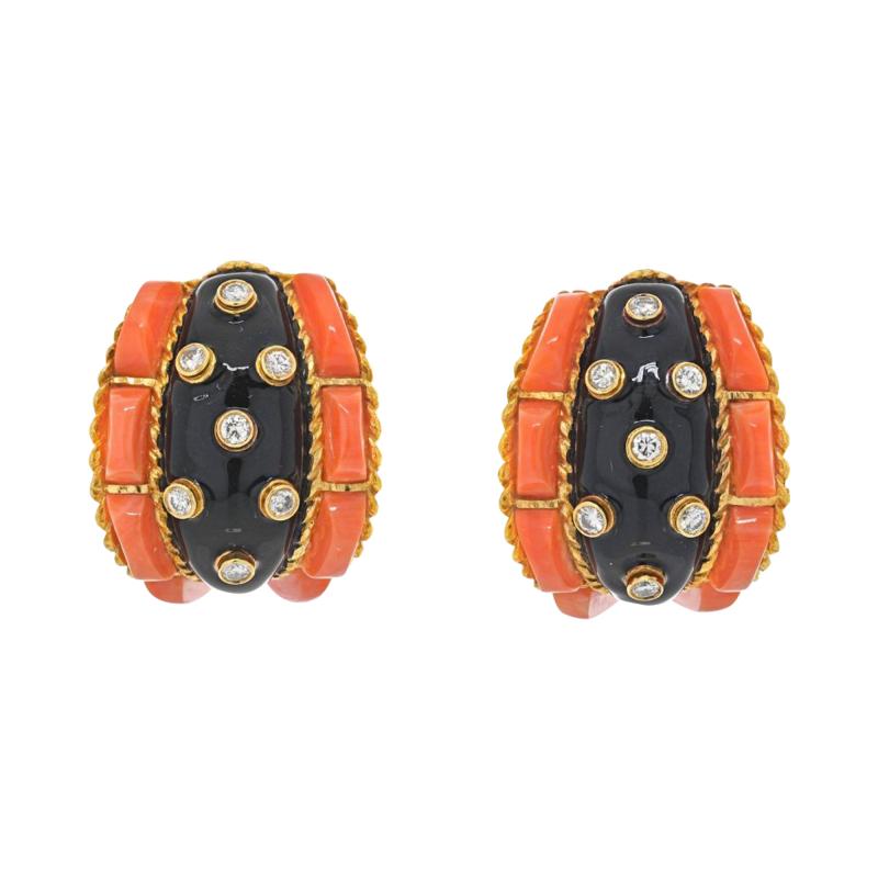 David Webb DAVID WEBB PLATINUM 18K CORAL BLACK ENAMEL AND DIAMOND EARRINGS