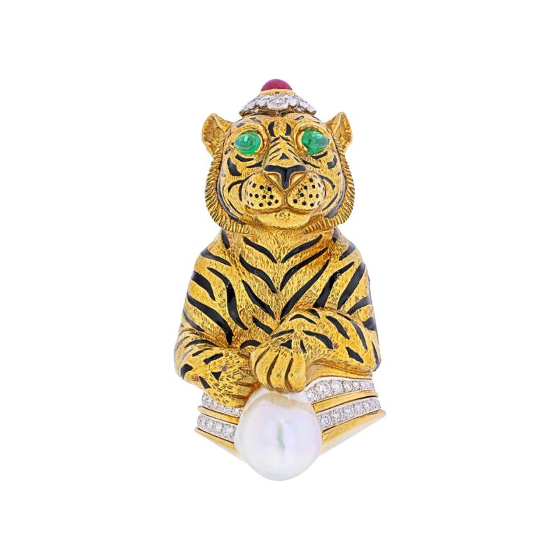 David Webb DAVID WEBB PLATINUM 18K GOLD BLACK STRIPED TIGER WITH EMERALD RUBY PEARL BROOCH