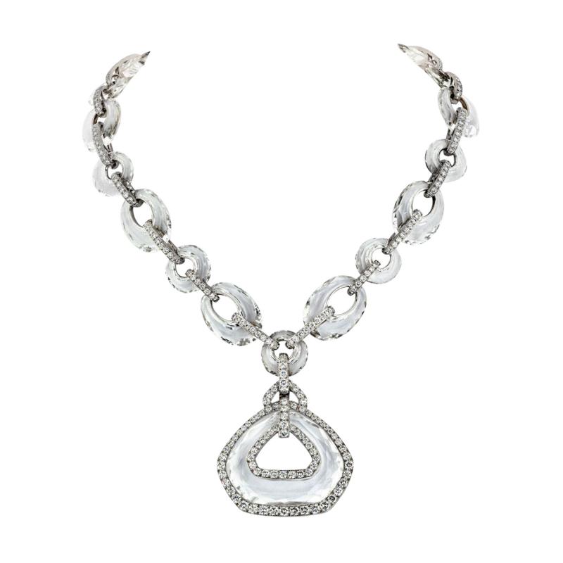 David Webb DAVID WEBB PLATINUM 18K WHITE GOLD CARVED ROCK CRYSTAL DIAMOND NECKLACE