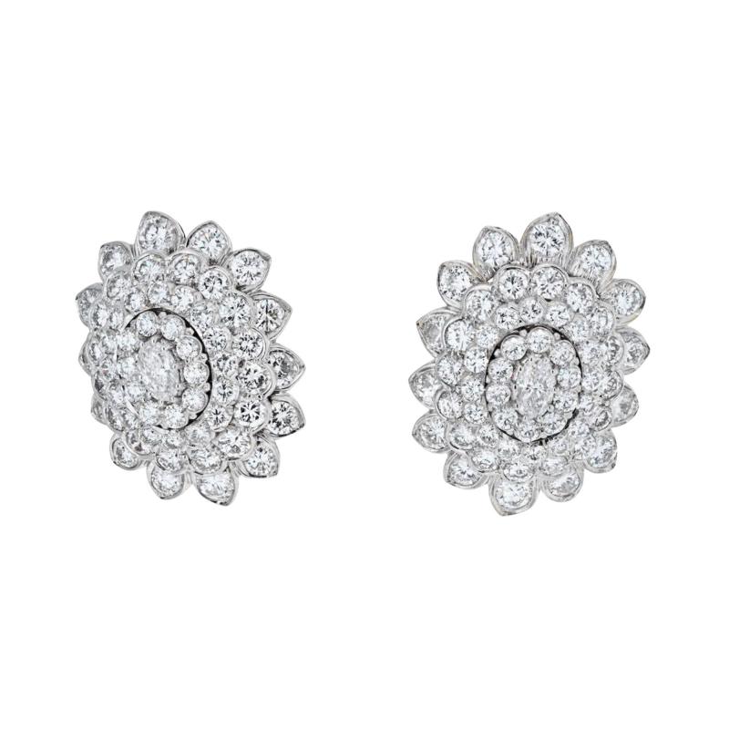 David Webb DAVID WEBB PLATINUM 18K WHITE GOLD OVAL AND ROUND CUT DIAMOND CLUSTER EARRINGS
