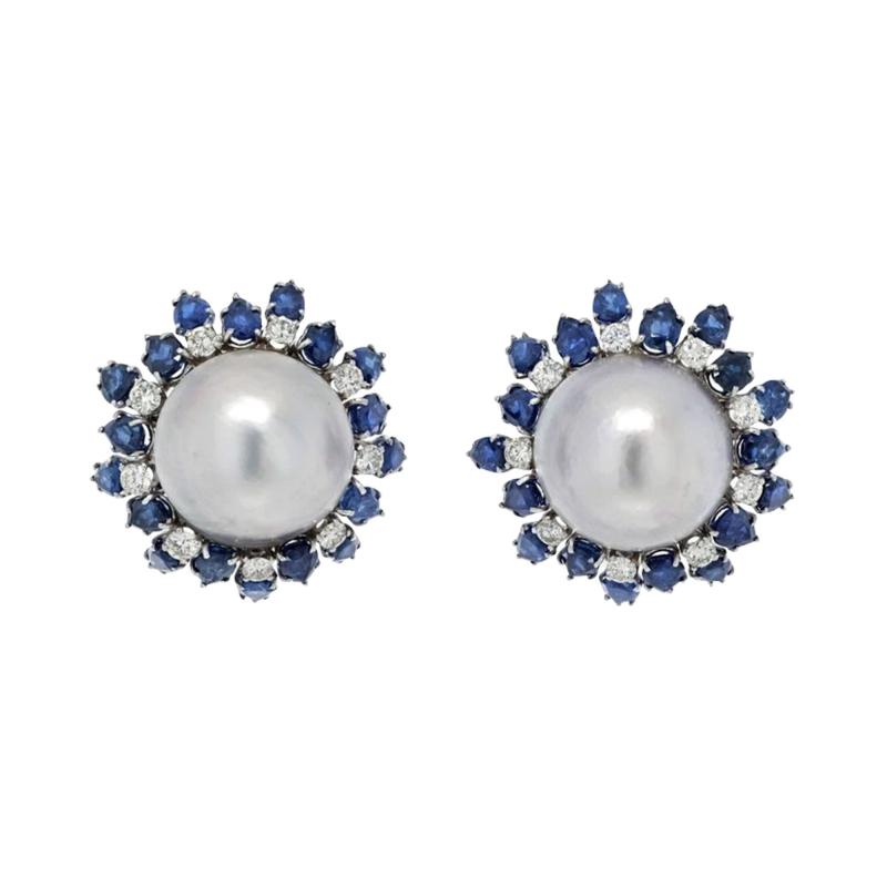 David Webb DAVID WEBB PLATINUM 18K WHITE GOLD SAPPHIRE DIAMOND PEARL EARRINGS
