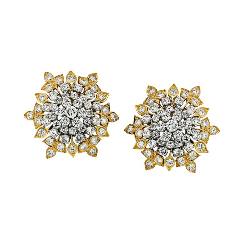 David Webb DAVID WEBB PLATINUM 18K YELLOW GOLD 13 00 CARAT LARGE DIAMOND CLUSTER EARRINGS