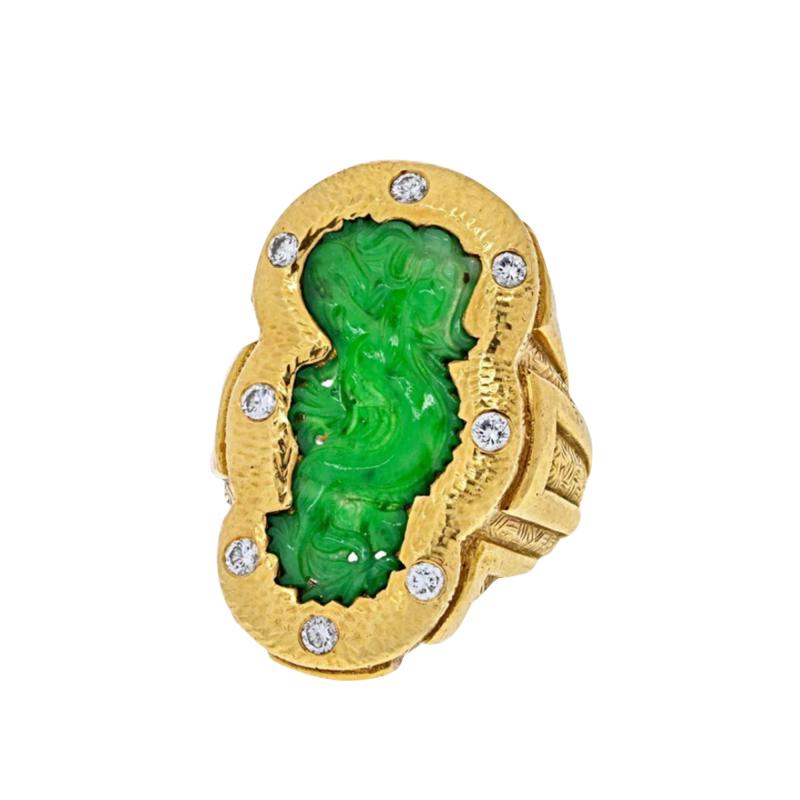 David Webb DAVID WEBB PLATINUM 18K YELLOW GOLD 1970S CARVED JADE DRAGON STYLE RING