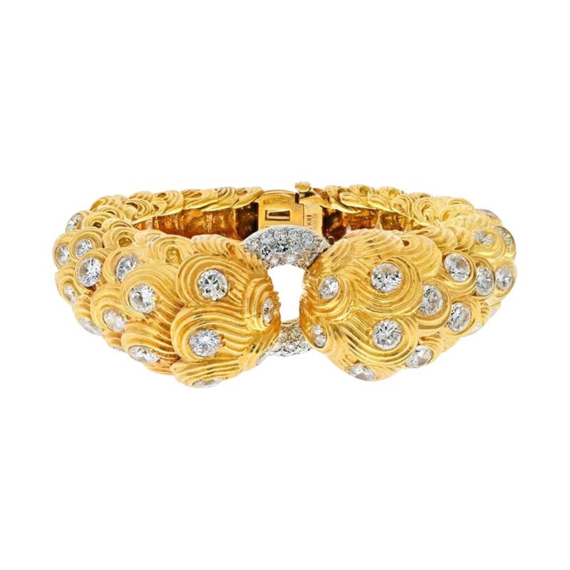 David Webb DAVID WEBB PLATINUM 18K YELLOW GOLD 21 CARATS SCROLL DIAMOND TEXTURED BRACELET
