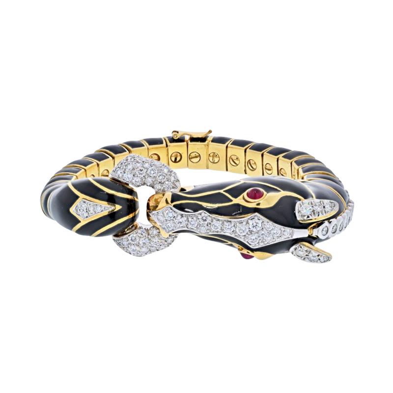 David Webb DAVID WEBB PLATINUM 18K YELLOW GOLD BLACK ENAMEL AND DIAMOND HORSE BRACELET