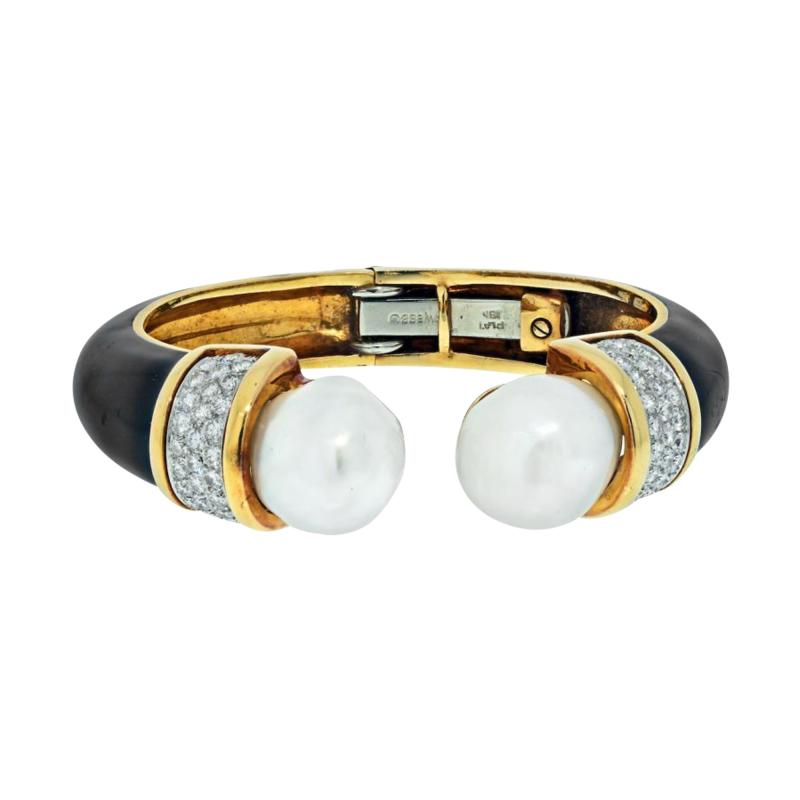 David Webb DAVID WEBB PLATINUM 18K YELLOW GOLD BLACK ENAMEL AND PEARL DIAMOND BRACELET