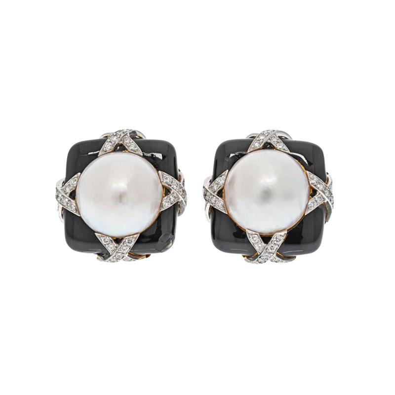 David Webb DAVID WEBB PLATINUM 18K YELLOW GOLD BLACK ENAMEL DIAMOND AND PEARL EARRINGS