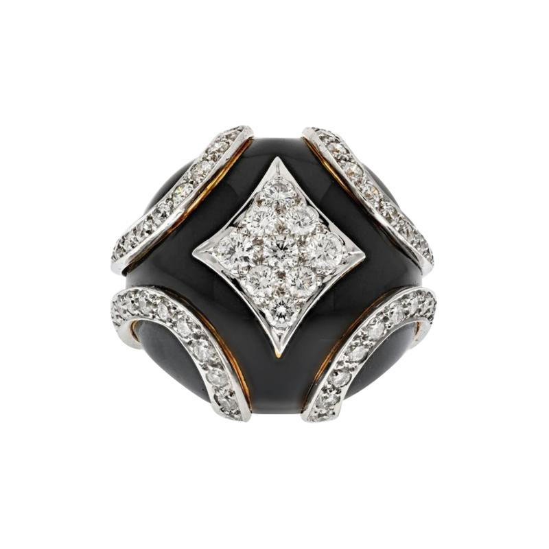 David Webb DAVID WEBB PLATINUM 18K YELLOW GOLD BLACK ENAMEL DIAMOND BOMBE RING