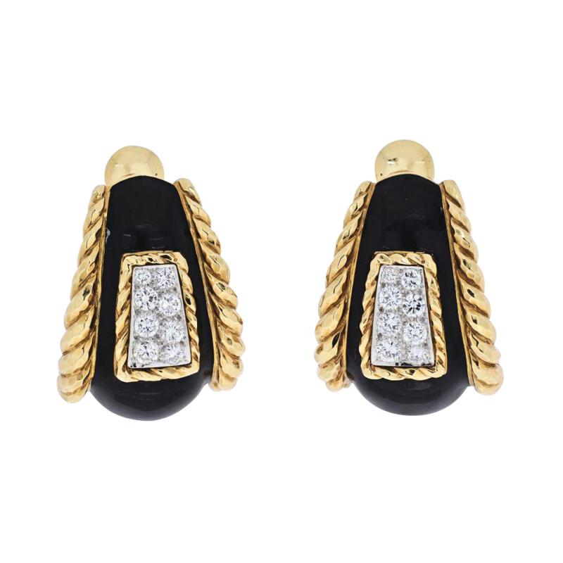 David Webb DAVID WEBB PLATINUM 18K YELLOW GOLD BLACK ENAMEL DIAMOND EARRINGS