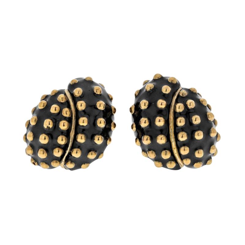 David Webb DAVID WEBB PLATINUM 18K YELLOW GOLD BLACK ENAMEL GOLD STUDDED CLIP EARRINGS