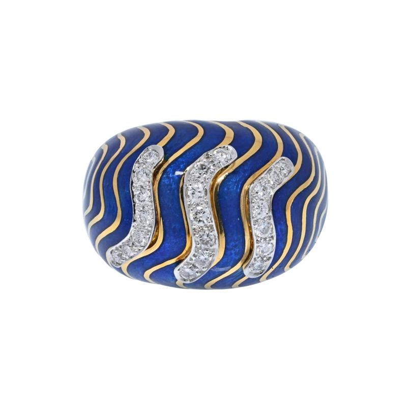 David Webb DAVID WEBB PLATINUM 18K YELLOW GOLD BLUE ENAMEL BOMBE DIAMOND RING
