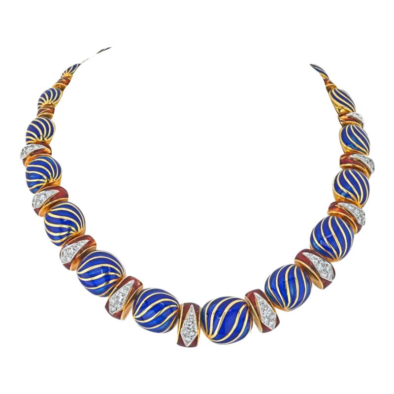 David Webb DAVID WEBB PLATINUM 18K YELLOW GOLD BLUE ENAMEL NECKLACE