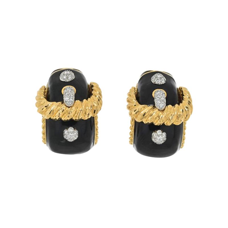 David Webb DAVID WEBB PLATINUM 18K YELLOW GOLD BUCKLE DIAMOND BLACK ENAMEL EARRINGS