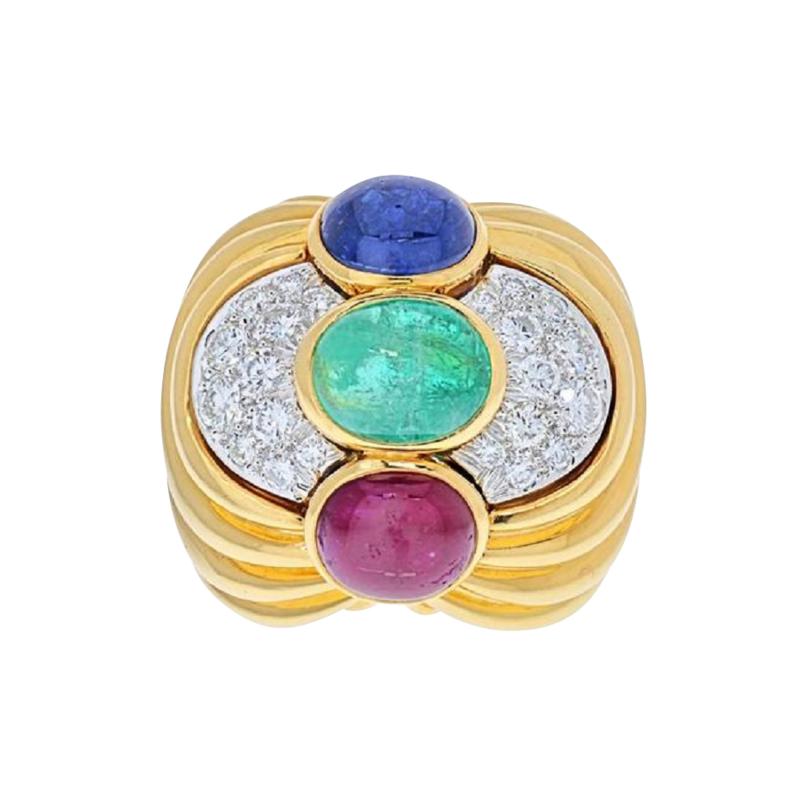 David Webb DAVID WEBB PLATINUM 18K YELLOW GOLD CABOCHON SAPPHIRE EMERALD AND RUBY RING