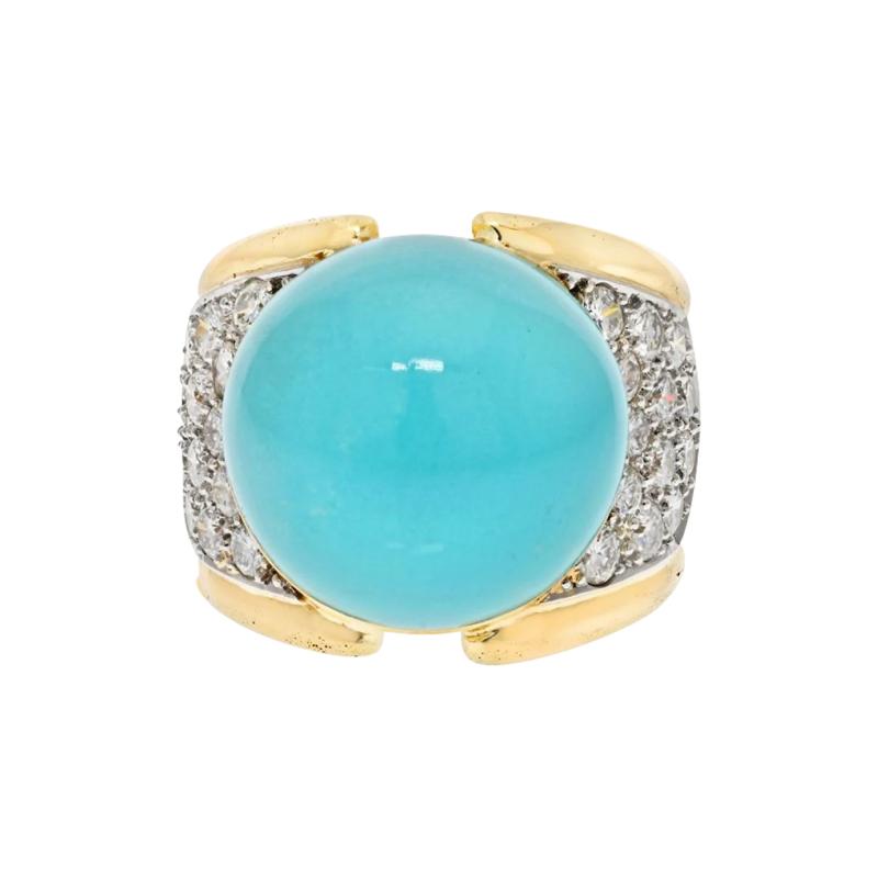 David Webb DAVID WEBB PLATINUM 18K YELLOW GOLD CABOCHON TURQUOISE AND DIAMOND RING