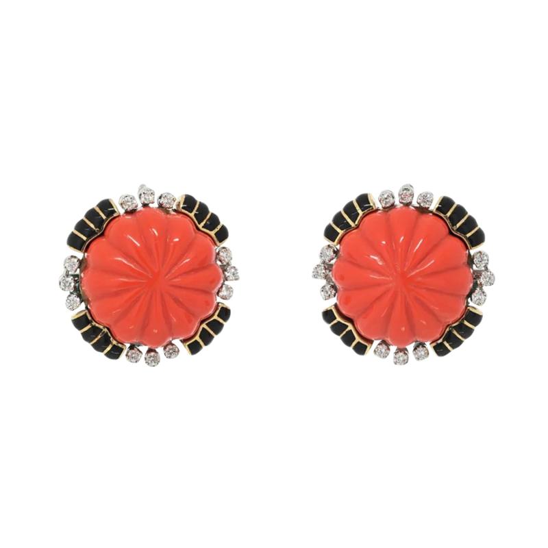 David Webb DAVID WEBB PLATINUM 18K YELLOW GOLD CARVED CORAL BOMBE DIAMOND EARRINGS