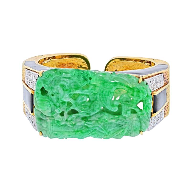 David Webb DAVID WEBB PLATINUM 18K YELLOW GOLD CARVED JADE CUFF BRACELET