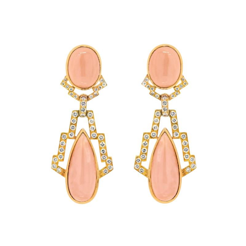 David Webb DAVID WEBB PLATINUM 18K YELLOW GOLD CORAL AND 4 00CTTW DIAMOND DROP EARRINGS