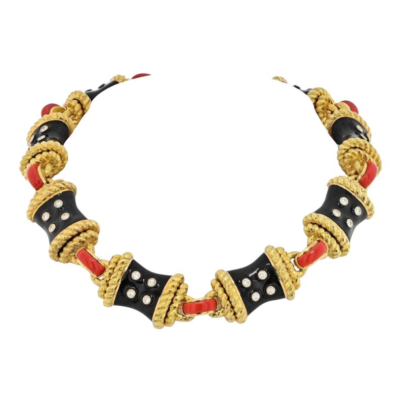 David Webb DAVID WEBB PLATINUM 18K YELLOW GOLD CORAL DIAMONDS BLACK ENAMEL NECKLACE