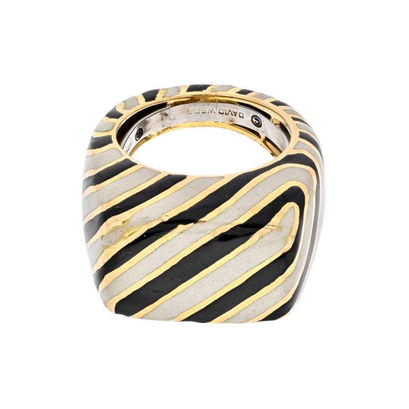 David Webb DAVID WEBB PLATINUM 18K YELLOW GOLD CROSSWALK BLACK AND WHITE ENAMEL RING