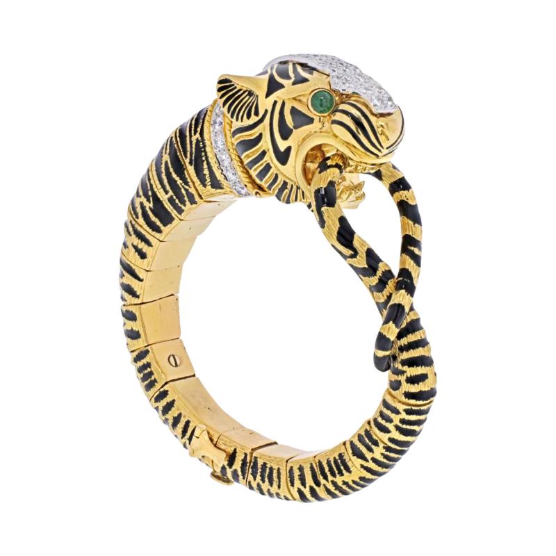 David Webb DAVID WEBB PLATINUM 18K YELLOW GOLD DIAMOND AND BLACK ENAMEL TIGER BRACELET