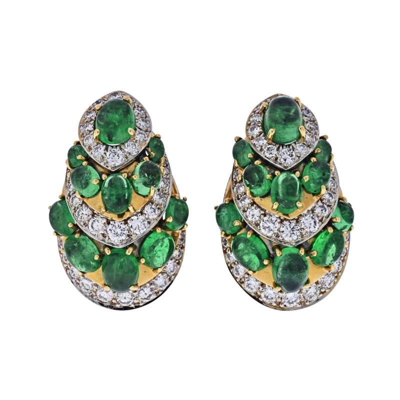 David Webb DAVID WEBB PLATINUM 18K YELLOW GOLD DIAMOND AND GREEN EMERALD EARRINGS