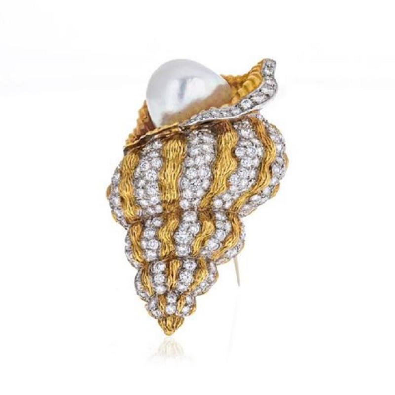 David Webb DAVID WEBB PLATINUM 18K YELLOW GOLD DIAMOND AND PEARL CONCH SHELL BROOCH