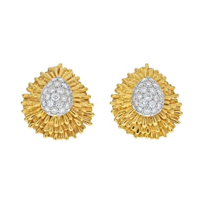 David Webb DAVID WEBB PLATINUM 18K YELLOW GOLD DIAMOND CLIP EARRINGS