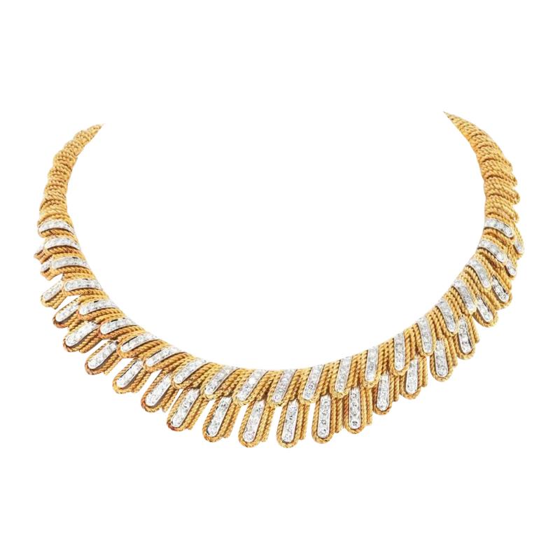 David Webb DAVID WEBB PLATINUM 18K YELLOW GOLD DIAMOND FEATHER COLLAR ROPE NECKLACE