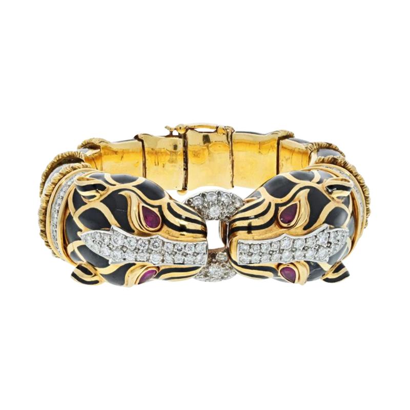 David Webb DAVID WEBB PLATINUM 18K YELLOW GOLD DOUBLE HEAD LION IN BLACK ENAMEL BRACELET