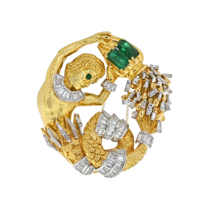 David Webb DAVID WEBB PLATINUM 18K YELLOW GOLD EMERALD AND DIAMOND AQUARIUS CLIP BROOCH