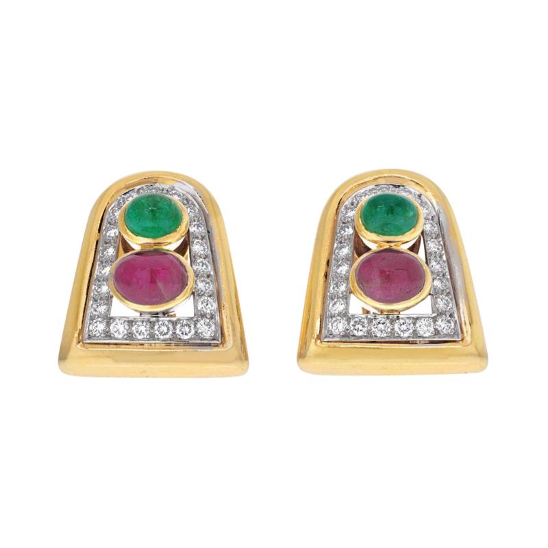 David Webb DAVID WEBB PLATINUM 18K YELLOW GOLD EMERALD RUBY AND DIAMOND CLIP EARRINGS