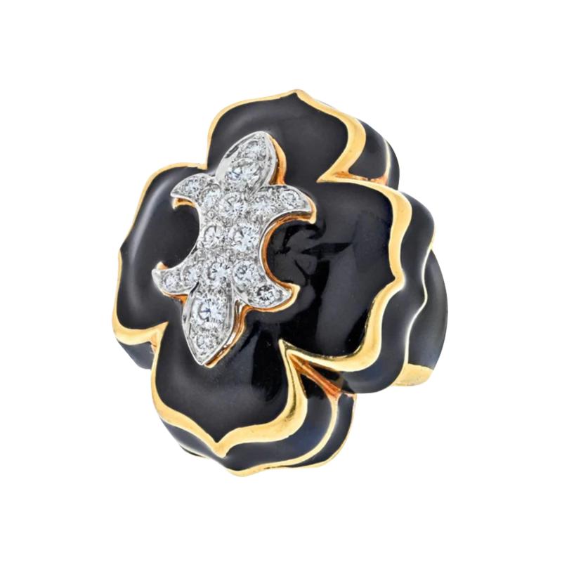 David Webb DAVID WEBB PLATINUM 18K YELLOW GOLD FLEUR DE LIS BLACK ENAMEL DIAMOND RING
