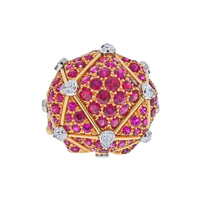 David Webb DAVID WEBB PLATINUM 18K YELLOW GOLD GEODESIC DIAMOND AND RUBY COCKTAIL RING