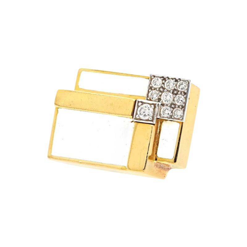 David Webb DAVID WEBB PLATINUM 18K YELLOW GOLD GEOMETRIC WHITE ENAMEL DIAMOND RING