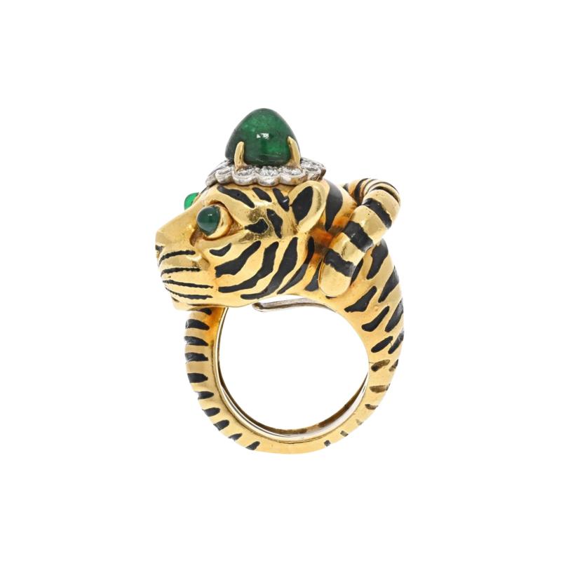 David Webb DAVID WEBB PLATINUM 18K YELLOW GOLD GREEN EMERALD AND DIAMOND TIGER RING